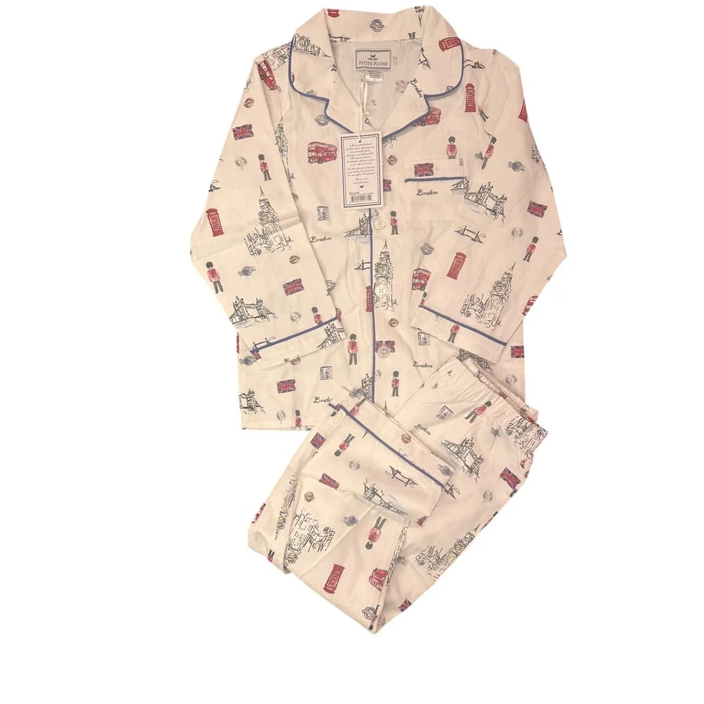 Petite Plume Boys London Is Calling Pajamas Set White Blue Red Size 4 NWT
